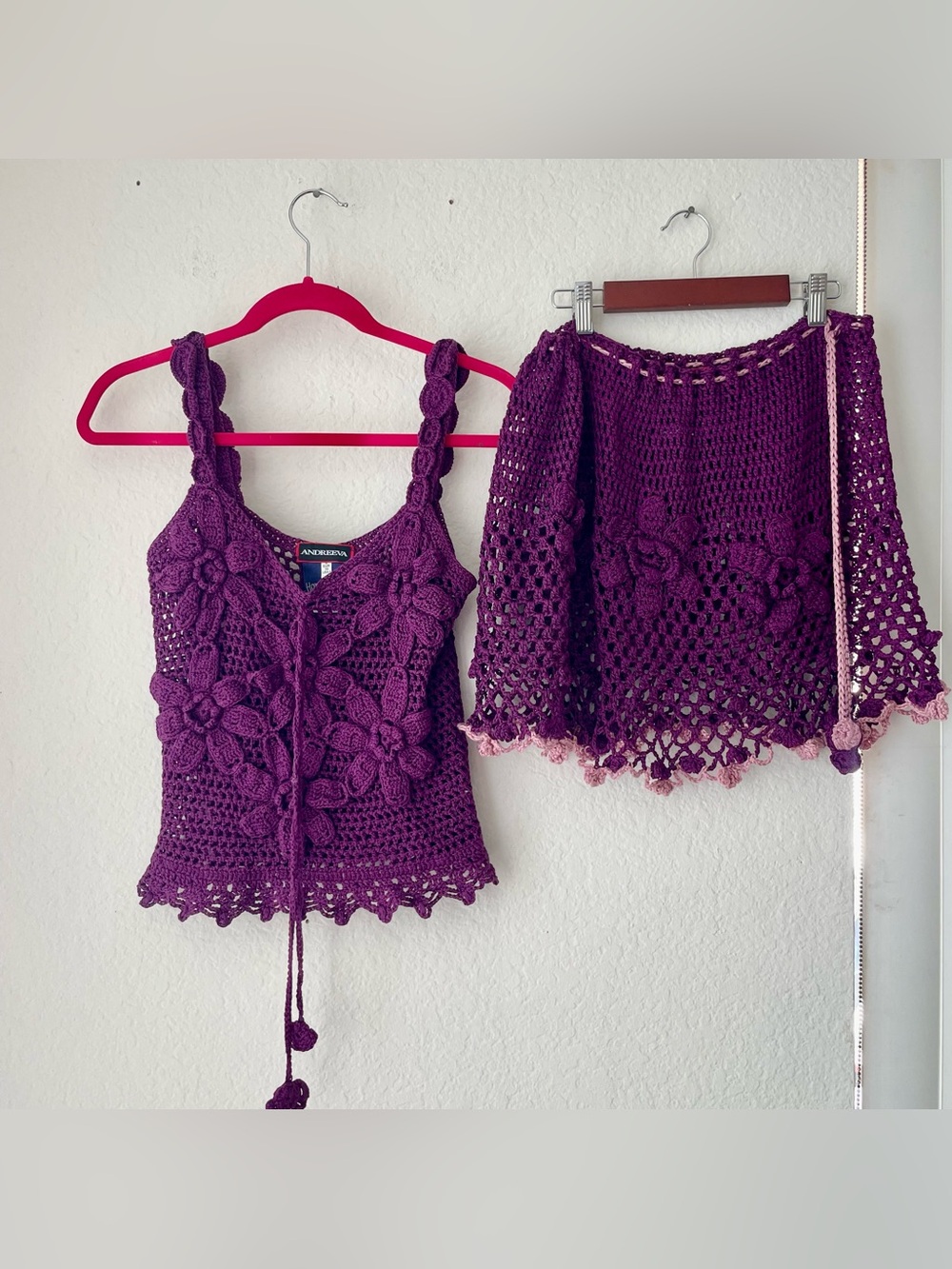 ANDREEVA Handmade 100% Cotton Crochet Floral Top & Skirt Set US 6